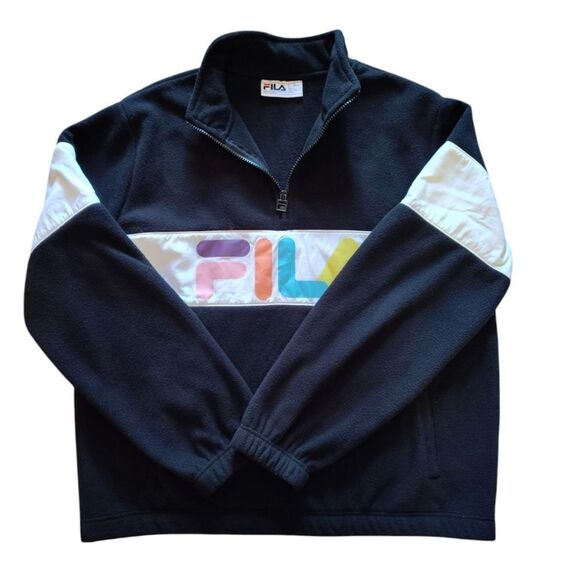FILA Black Colorful Logo Panel Quarter Zip Pullover Fleece Sweater Large - Picture 8 of 13